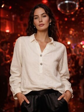 Classic Cream Collared Top With Oranate Buttons